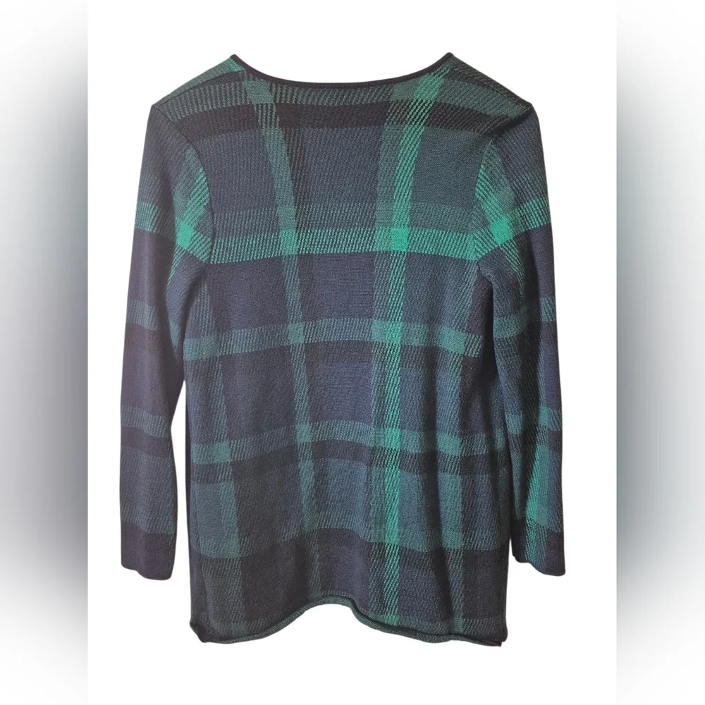 Talbots Merino Wool Plaid Cardigan Sweater Open Front Green Blue Women's Large L - Picture 4 of 6